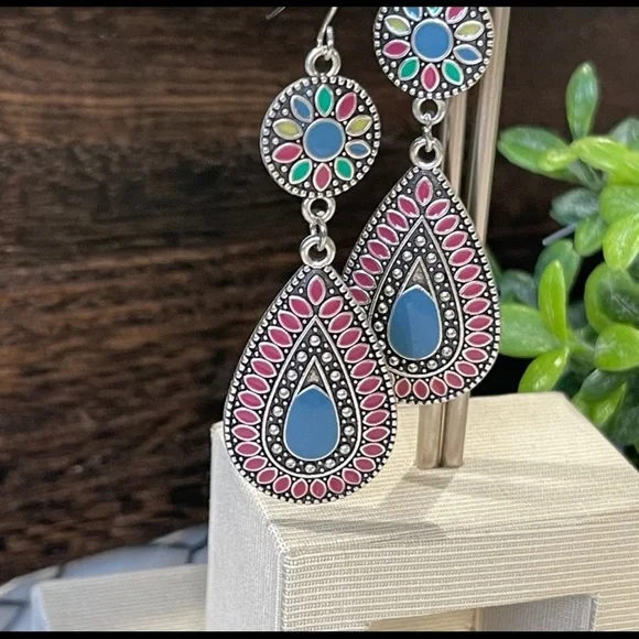 Boho Earrings DOUBLE DROP silver DANGLING TEAR SHAPE multi color Southwest Shine - Picture 7 of 7